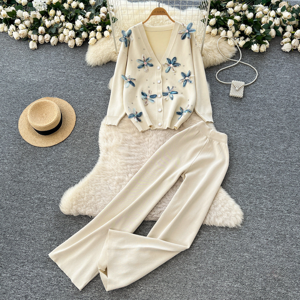 Trendy and chic heavy beaded 3d floral long sleeve knit top and high-waisted casual sweater pants two-piece set for women