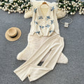 Trendy and chic heavy beaded 3d floral long sleeve knit top and high-waisted casual sweater pants two-piece set for women