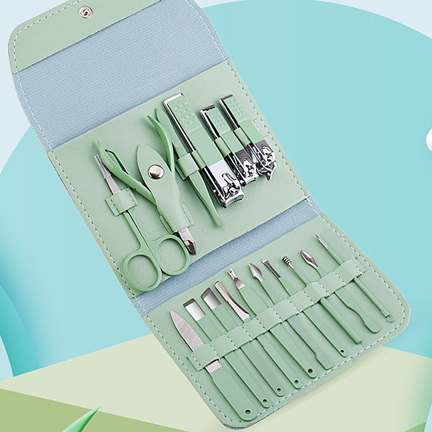 Matcha green dropshipping pedicure knife manicure tool stainless steel nail scissors suit 16-piece beauty pliers manicure full set