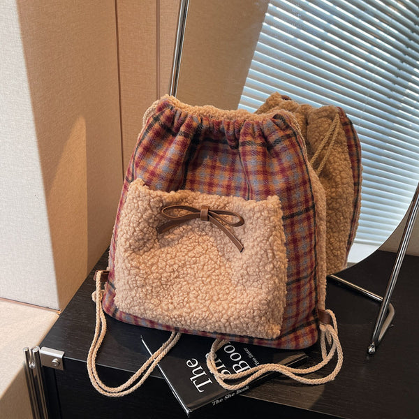 Plaid work double shoulder schoolbag women's lazy wind thickened large capacity backpack morning eight leisure college fitness bag bundle mouth