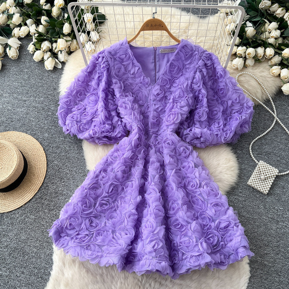 French court style v-neck lantern sleeve 3d floral dress - women's elegant a-line dress with cinched waist, princess style