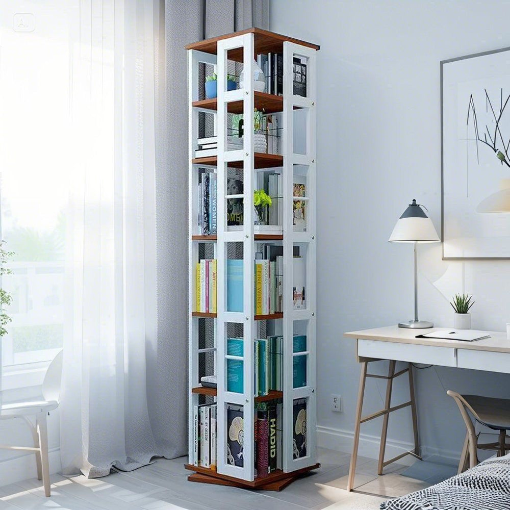 Rotating student bookshelf bookcase, mobile multi-tier kids storage floor rack, simple organizer, multifunctional living room shelf