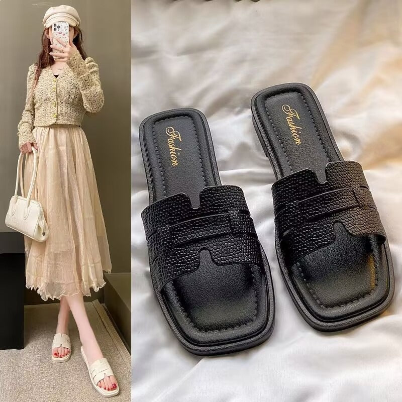 Xiaoxiangfeng sandals women's summer outwear non-slipeasiest for matchfashion imitation wood grain flatsh belt one-line slippers women's export