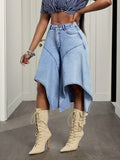 European and american high-waisted asymmetrical patchwork denim shorts - light blue, designer a-line wide-leg denim hot pants for summer
