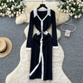 French chic color block v-neck single-breasted knit dress - slim fit bodycon maxi dress