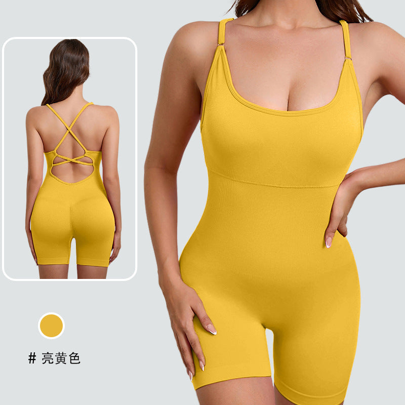European and american style one-piece yoga bodysuit with removable padded bra, criss-cross back design, breathable, casual, activewear, and shaping bodysuit
