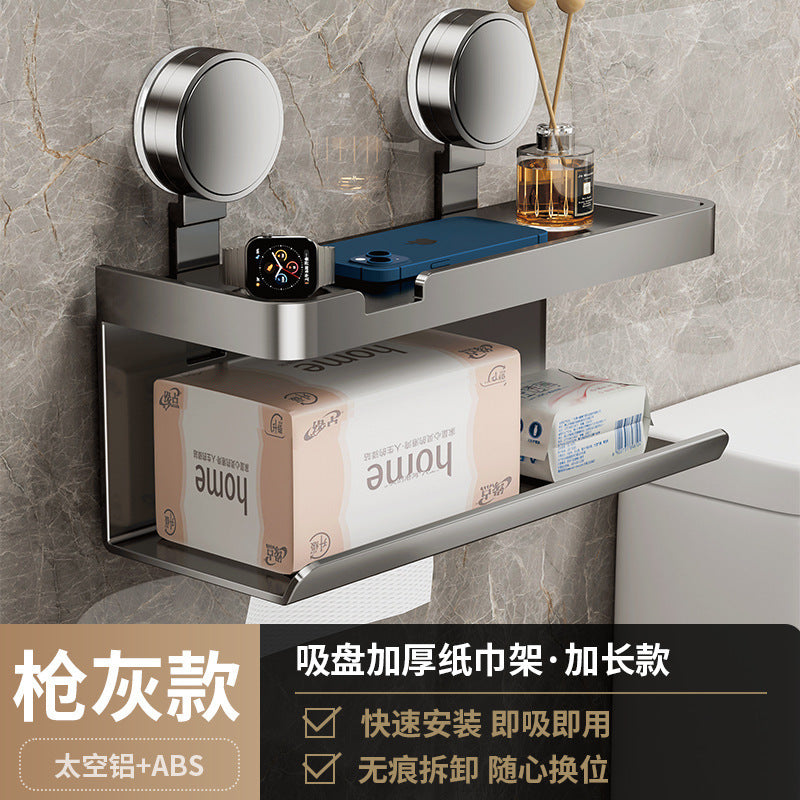 Bathroom suction cup tissue box wall mount - no drilling required - toilet paper holder for roll and sheet tissue - storage rack