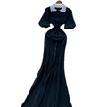 Classy sense of nichefashionablecontrast colorpolo collar puff sleeve dress female summerfrench waist knitting long skirt