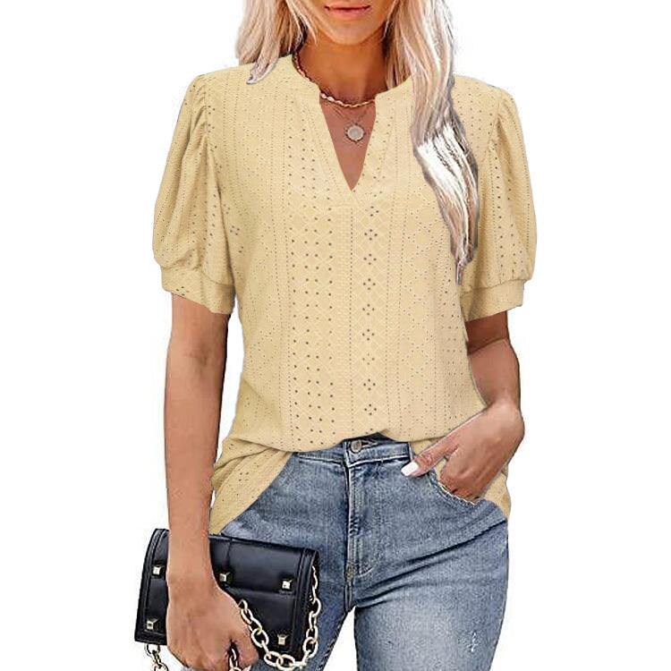 European and american cross-border e-commerce   spring/summer casual v-neck solid color cutout puff sleeve loose t-shirt