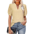 European and american cross-border e-commerce   spring/summer casual v-neck solid color cutout puff sleeve loose t-shirt