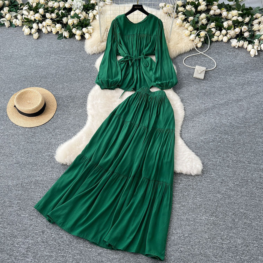 Gentle wind age-reducing suit women's springfrench strap waist round neck long sleevesshirt + high waistdraped skirt