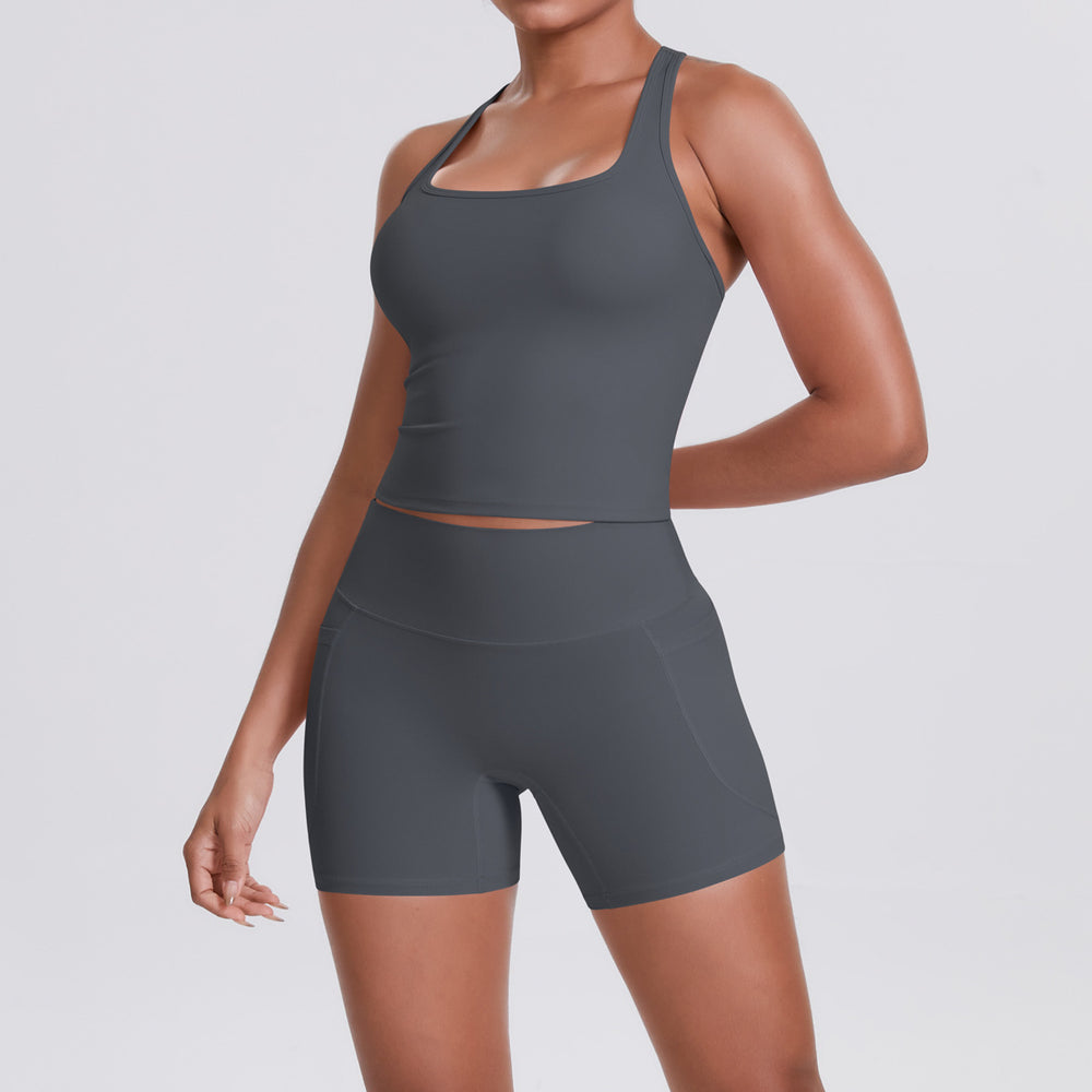 brushed pure color tight racerbackflap pocket pants shorts sports suit running fitness yoga wear two-piece set