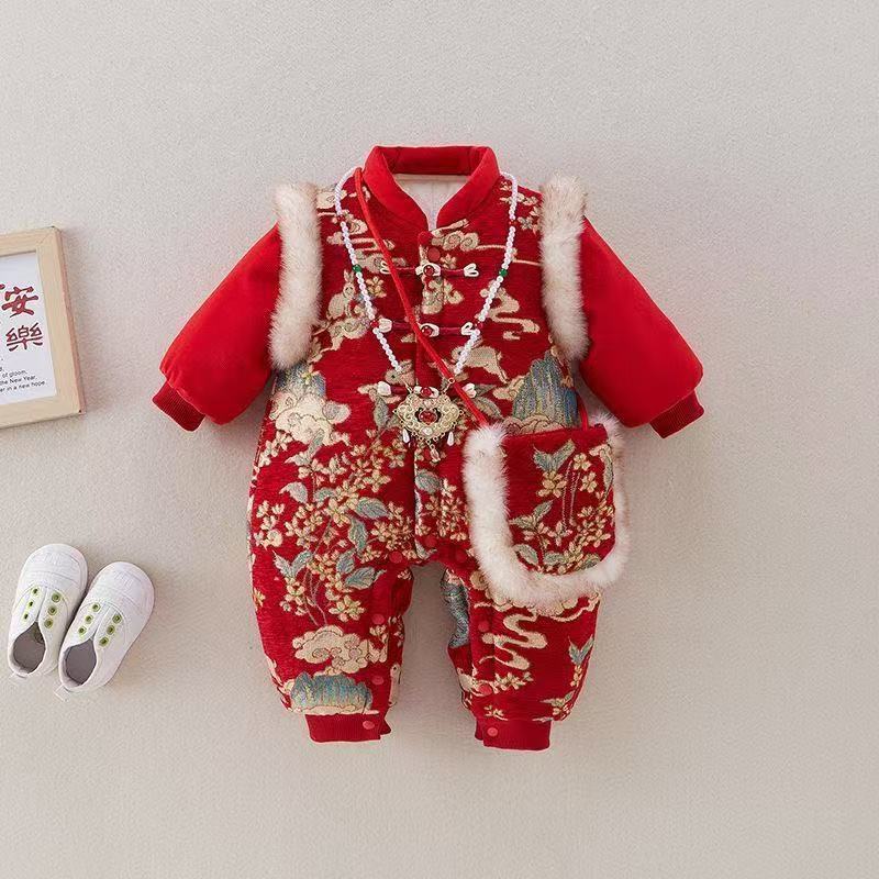Newborn winter chinese style romper - adorable bunny mandarin collar jumpsuit for baby boys and girls