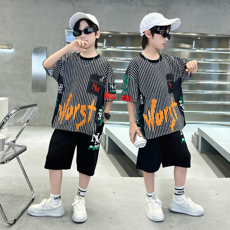 Kids' boys' summer outfit set  new trendy street style summer boys' mid-to-large children's lightweight short-sleeve two-piece fashion set