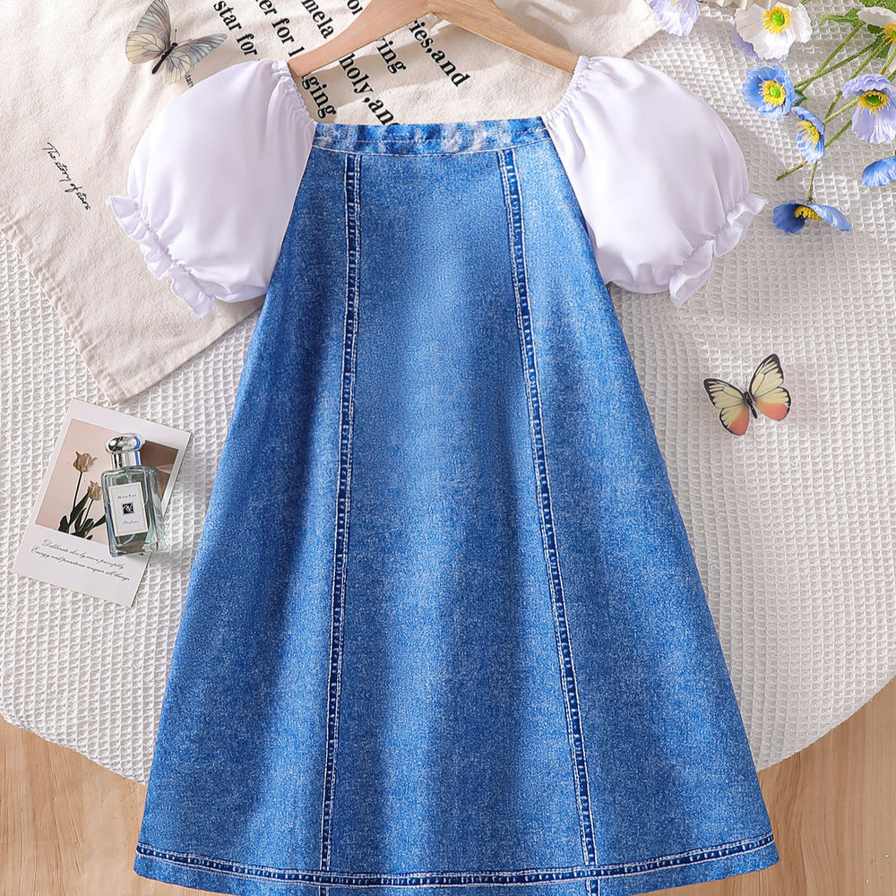 Girls' patchwork bubble sleeve faux denim dress - summer kids' a-line princess dress with large bow at chest and square neck