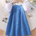 Girls' patchwork bubble sleeve faux denim dress - summer kids' a-line princess dress with large bow at chest and square neck