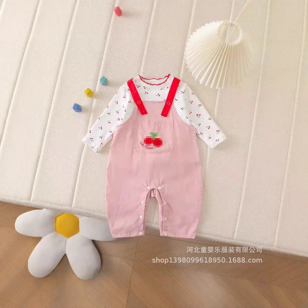 Autumn cherry two-piece overalls set - girls' outfit, new cartoon style, korean fashion, cute baby