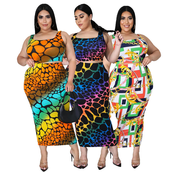 MM2116 European and American  sexy women's clothing fat woman large size irregular printing suspender women's casual skirt set