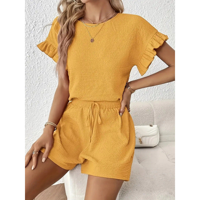 European and american cross-border independent station  solid color summer and spring casual two-piece set: top and shorts