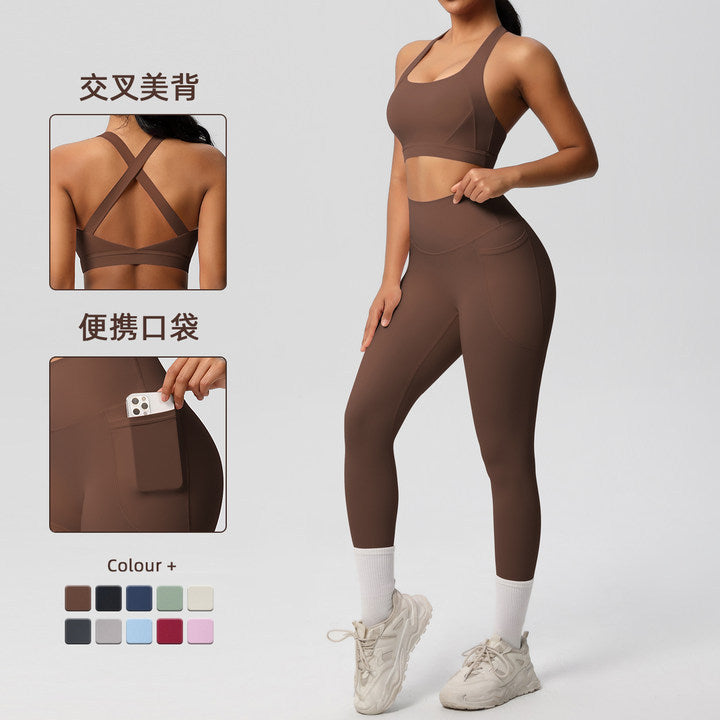 European and american cross-border yoga double-sided brushed tank top & shockproof pocket pants pilates running fitness yoga outfit two-piece set