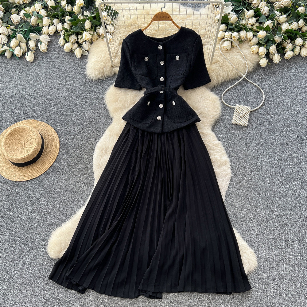 Xiaoxiangfeng pink a-line heavy industry pleateddress women's summer short-sleeved high waist waist pleated long skirtaccessible luxuryelegant