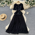 Xiaoxiangfeng pink a-line heavy industry pleateddress women's summer short-sleeved high waist waist pleated long skirtaccessible luxuryelegant