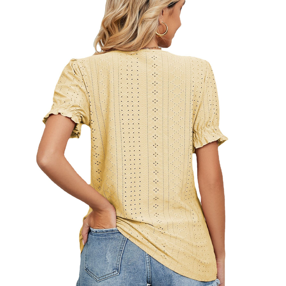 Ebay fashion cross-border export  summer  new arrival pure color cut out princess sleeve u-neck short sleeve tops women