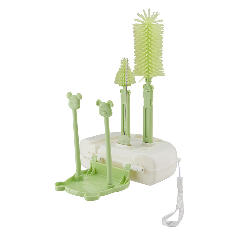 Infant and toddler cleaning brush set - includes straw brush, cup brush, drain rack, and storage box - baby silicone bottle brush