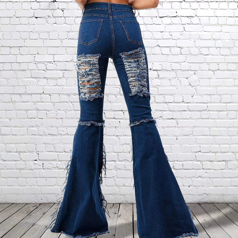 Fashionjeans women's cross-border high waist ripped micro-flared pants tassel raw edge washed silm high denim pants