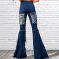 Fashionjeans women's cross-border high waist ripped micro-flared pants tassel raw edge washed silm high denim pants