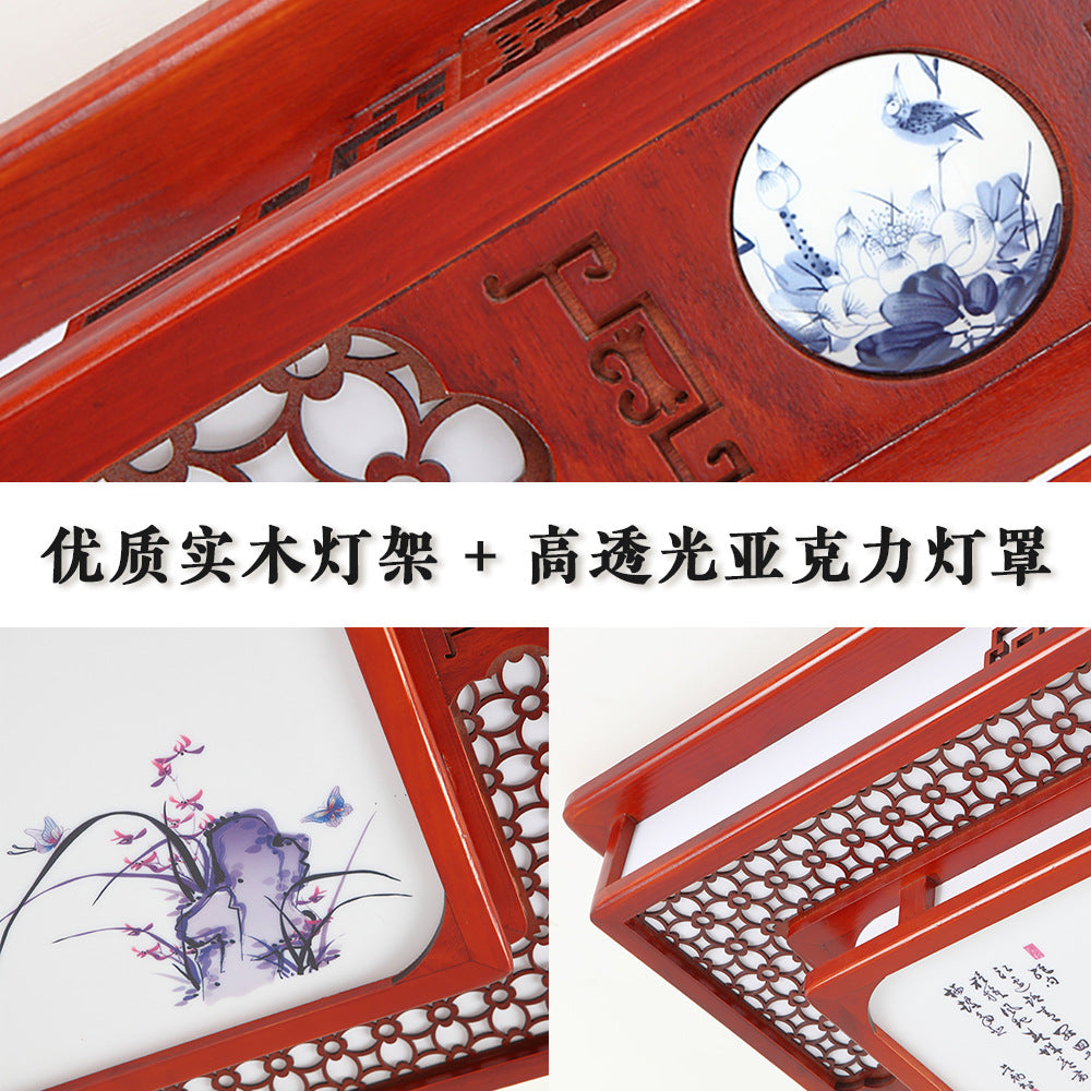 Chinese ceiling lamp rectangular solid wood living room lamp antique Chinese style Chinese style dining room bedroom lamp LED lighting