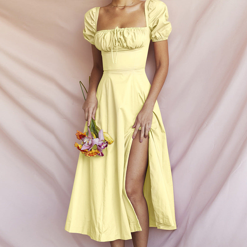 cross-border e-commerce european and american women's clothing: new summer collection - bubble sleeve, high-waisted, slit, solid color vacation dress