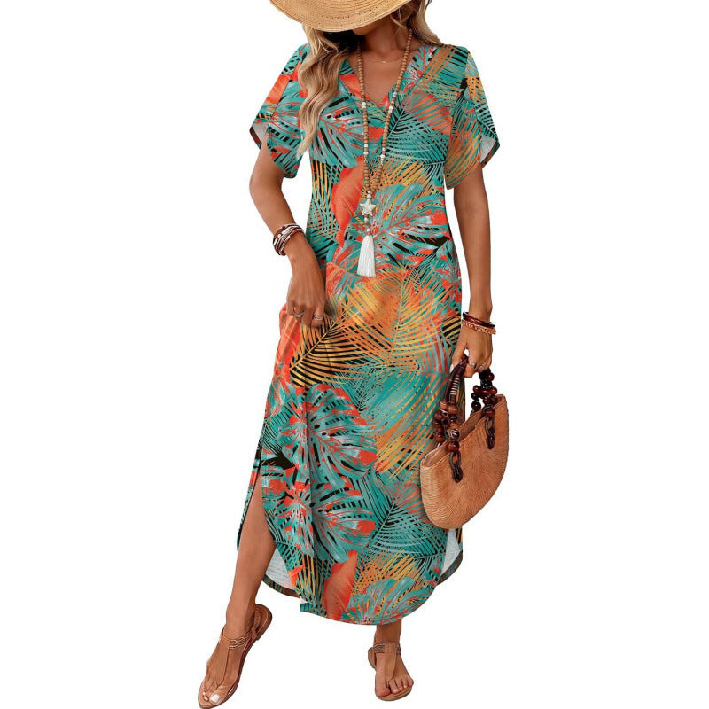 Amazon short-sleeve dress v-neck tank dress  summer new arrival side slit casual beach dress
