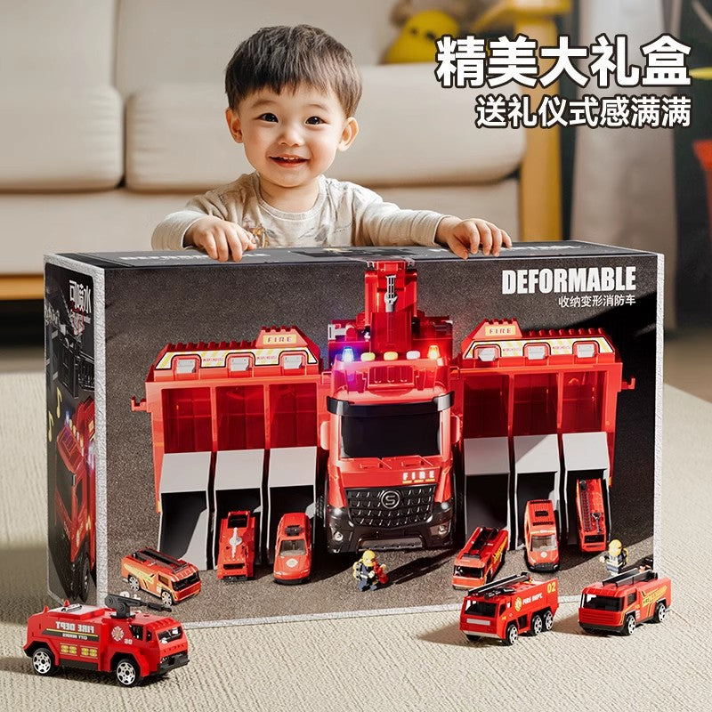 Sam's club style rescue fire truck - multifunctional parking garage with storable water spray, ejection ladder, and police car toy