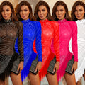 C6672 cross-border   fashion women's solid color mesh rhinestone feather mini dress