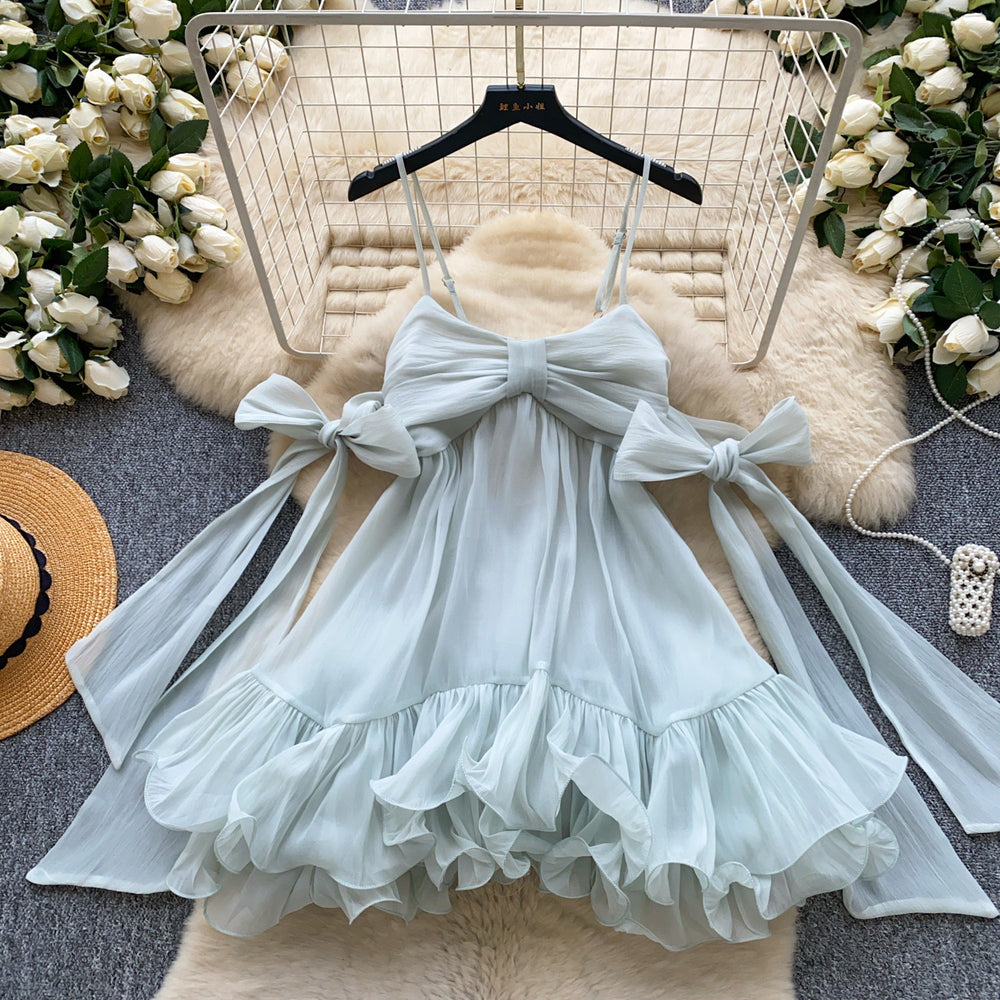 French girl style sweet & spicy bowknot cami dress - korean ruffle trim a-line skirt - age-defying