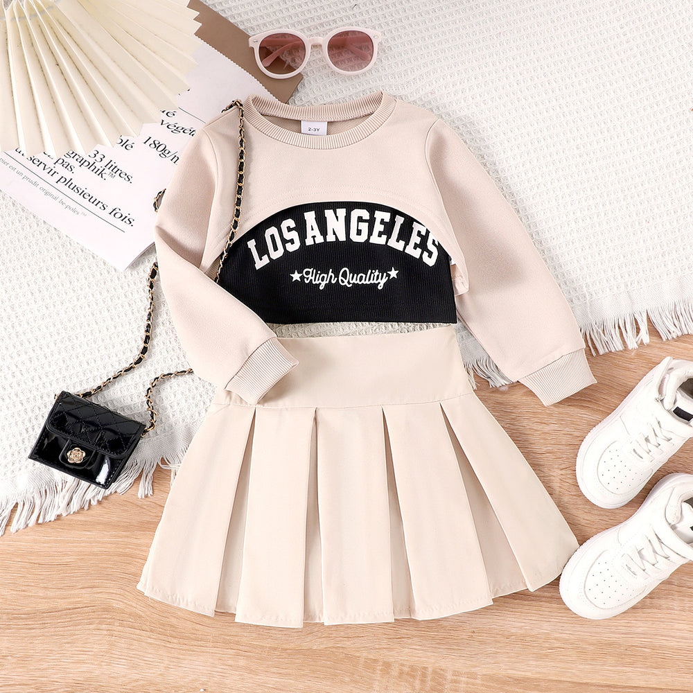Children's clothing apricot sweatshirt+losangeles vest+pleated skirt new arrival cross-border