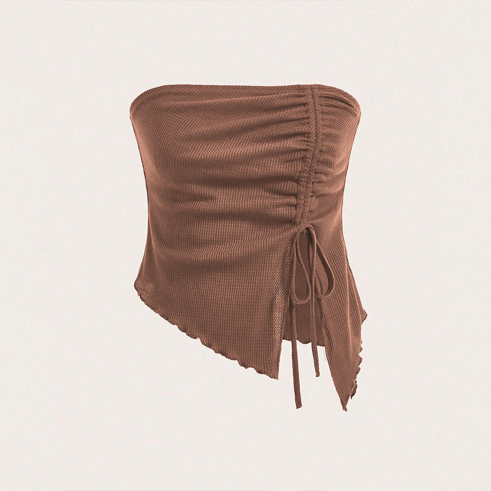 european and american women's clothing  summer new drawstring slit irregular waffle knit bodycon bandeau top