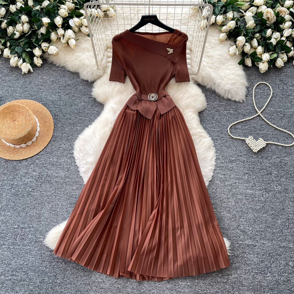 Sense of design classyelegance green dress for women summer short-sleeved high waist waist pleated long skirt light mature style work clothing