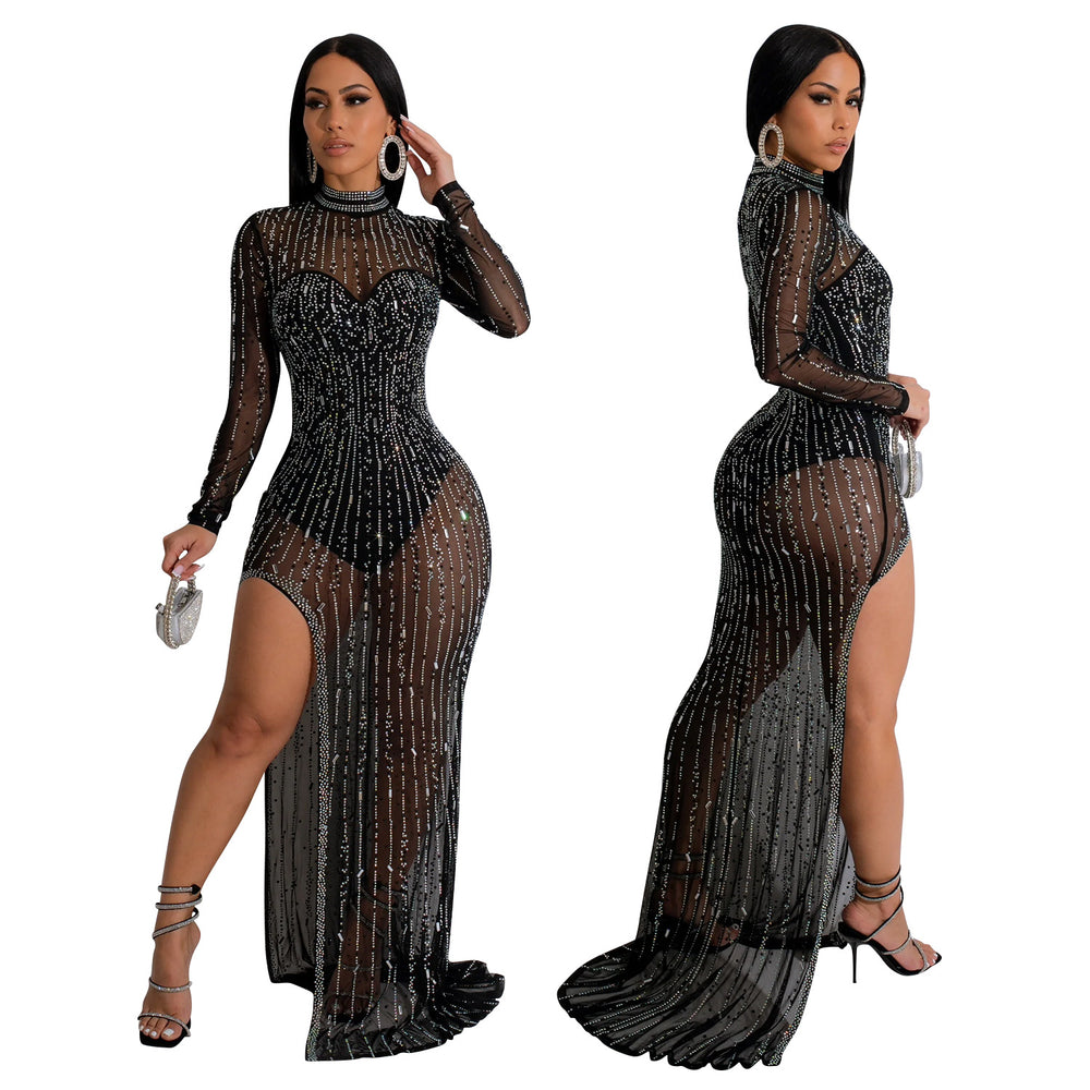 C6866 cross-border   fashion women's solid color mesh rhinestone slit maxi dress
