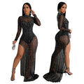 C6866 cross-border   fashion women's solid color mesh rhinestone slit maxi dress