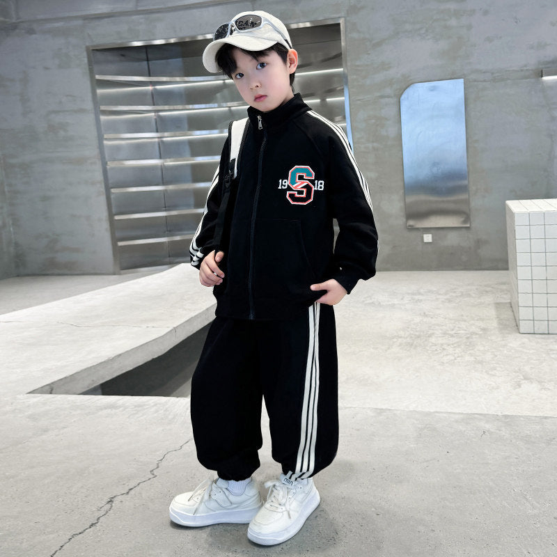 Boys'  spring collection: stylish two-piece outfit - kids' spring/autumn biker jacket & sportswear set (korean style)