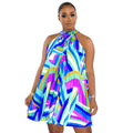 new european and american cross-border women's fashion printed pleated off-shoulder sleeveless back tie-up dress