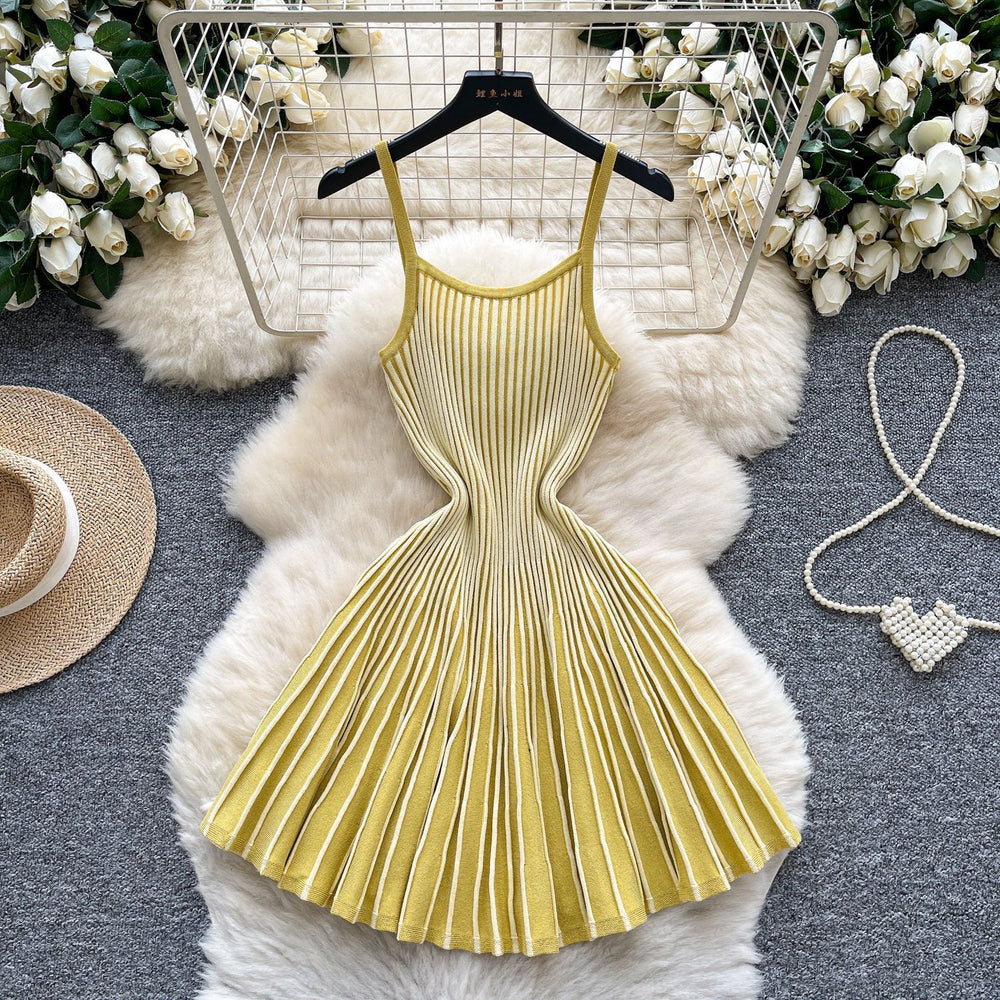Elegant and chic camisole dress for women - autumn  collection: french retro, slimming, pleated, striped knit dress