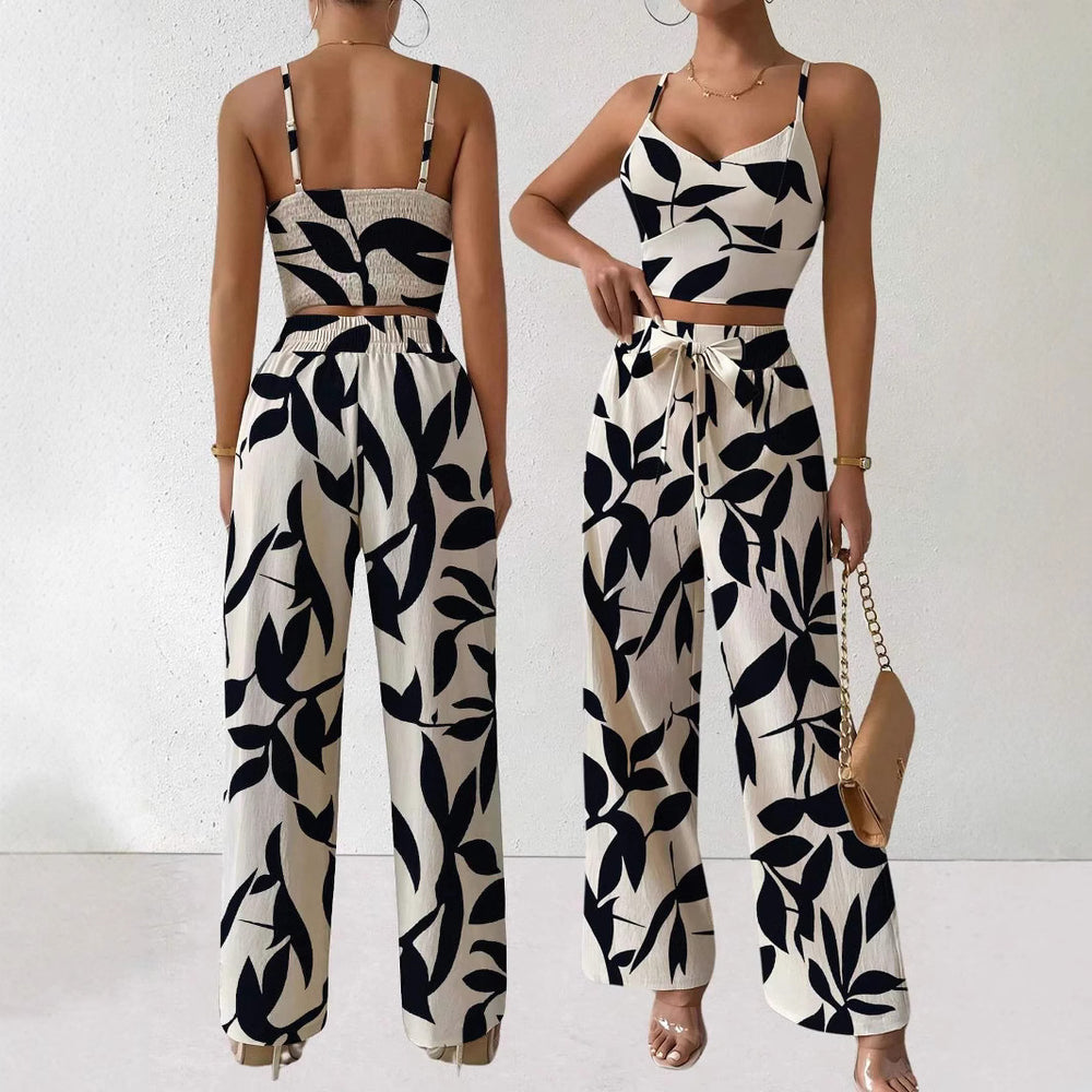 Two-piece set featuring a spaghetti strap elastic tank top and wide-leg tie-front pants,  early autumn european and american style