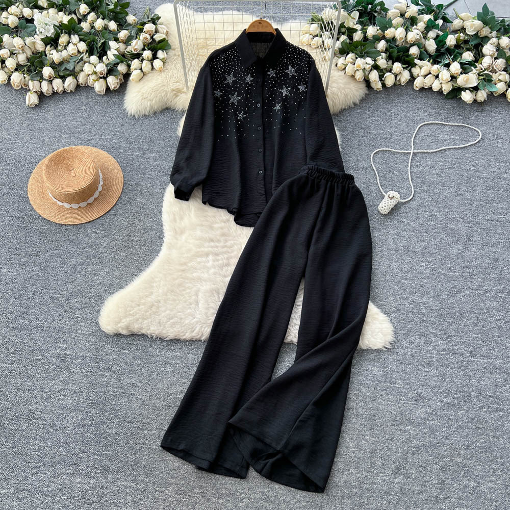 Light mature style two-piece set women's  autumn wear elegantcasuallooseasymmetricallong sleevesshirthigh waistloose pants