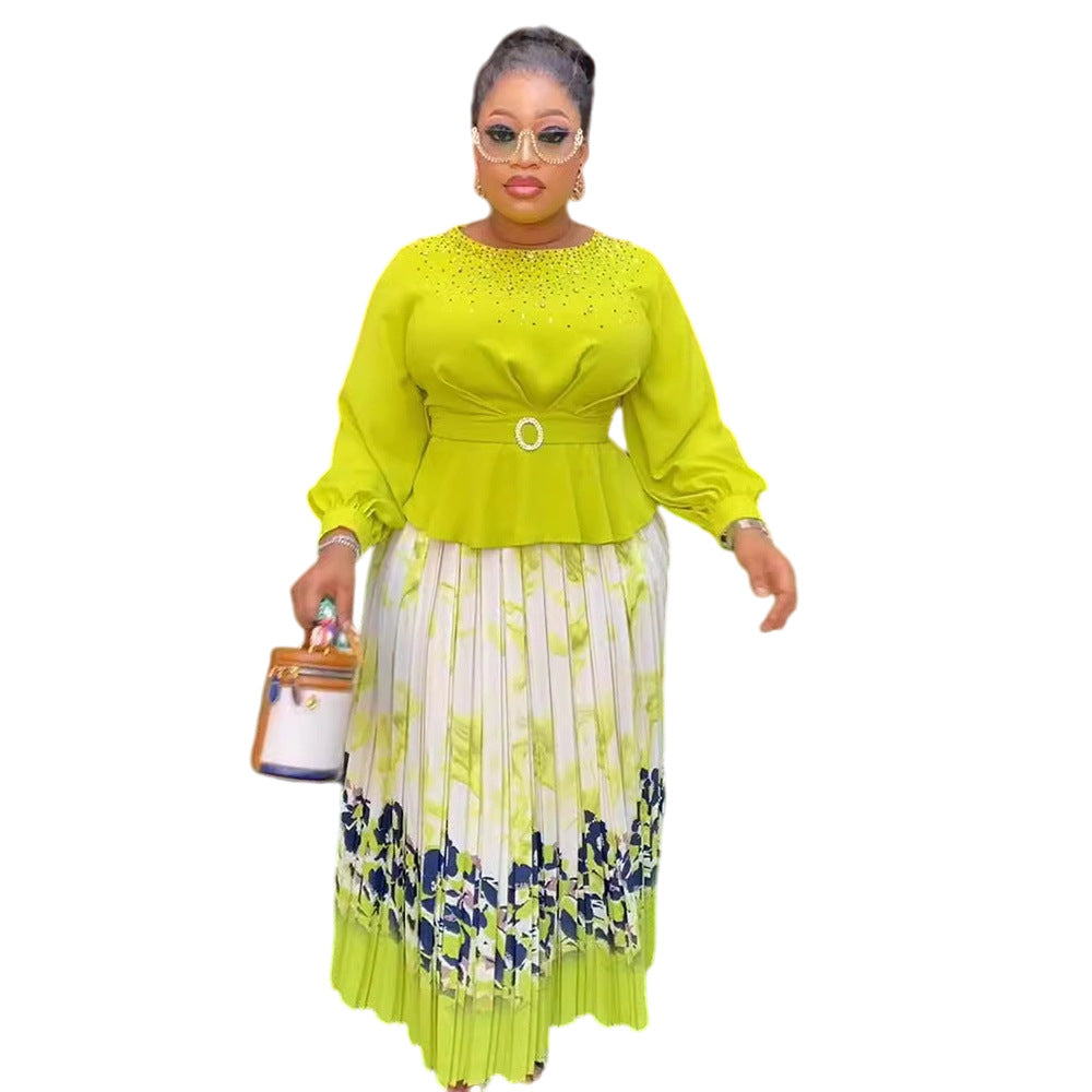 Aliexpress elegant commute top & skirt set - pleated skirt, african women's plus size printed dress