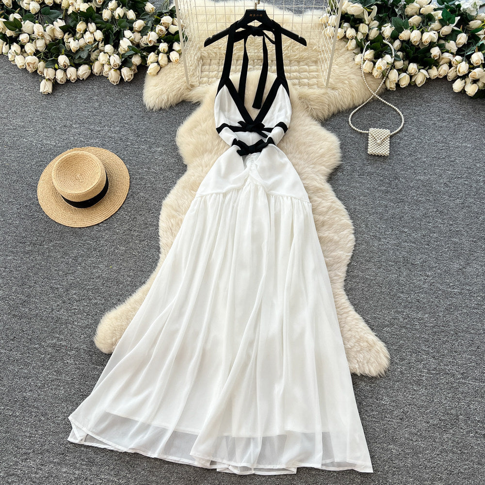 French seaside vacation elegant long skirt pure lust sexy sexy backless evening dress v neckhalter suspender dress