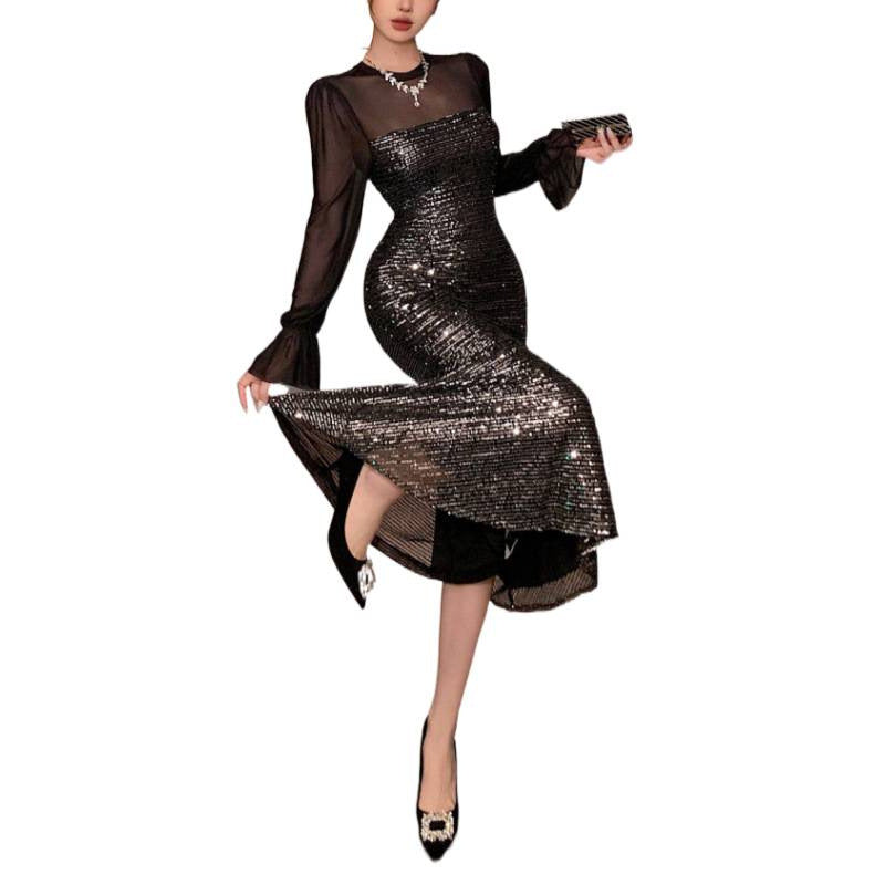 Women's autumn/winter fashionable and elegant sequin patchwork long sleeve mermaid midi dress - perfect for dates/work/everyday wear