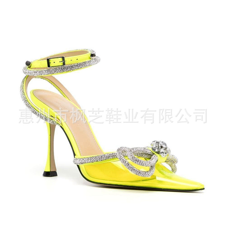 Transparent bow rhinestone high heel sandals pointed toe closed toe stiletto heels fashion european and american cross-border style